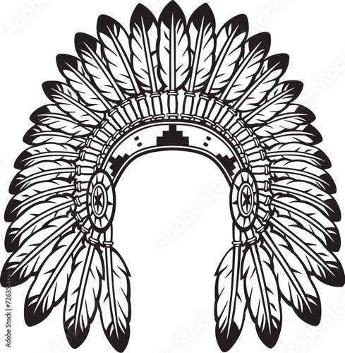 Native American Indian Chief Headdress Black and White. Vector Illustration.