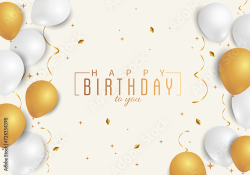 Happy Birthday white and gold greeting card with balloons, confetti and ribbons