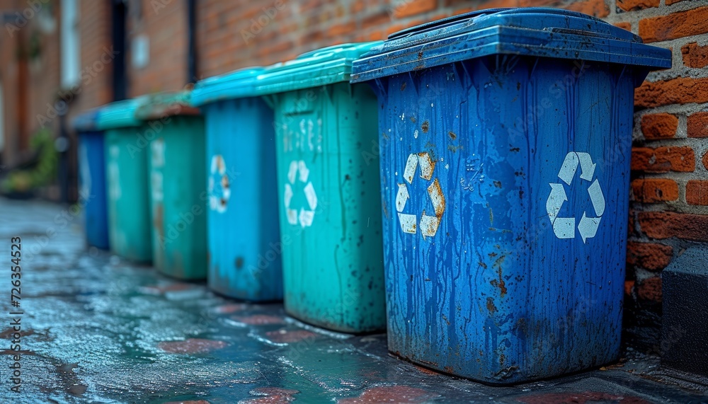 Blue recycling bins in a row by a brick wall promoting eco friendly practices for waste disposal, composting and waste reduction picture Blue recycling bins in a row by a brick wall promoting eco friendly practices for waste disposal, composting and waste reduction picture
