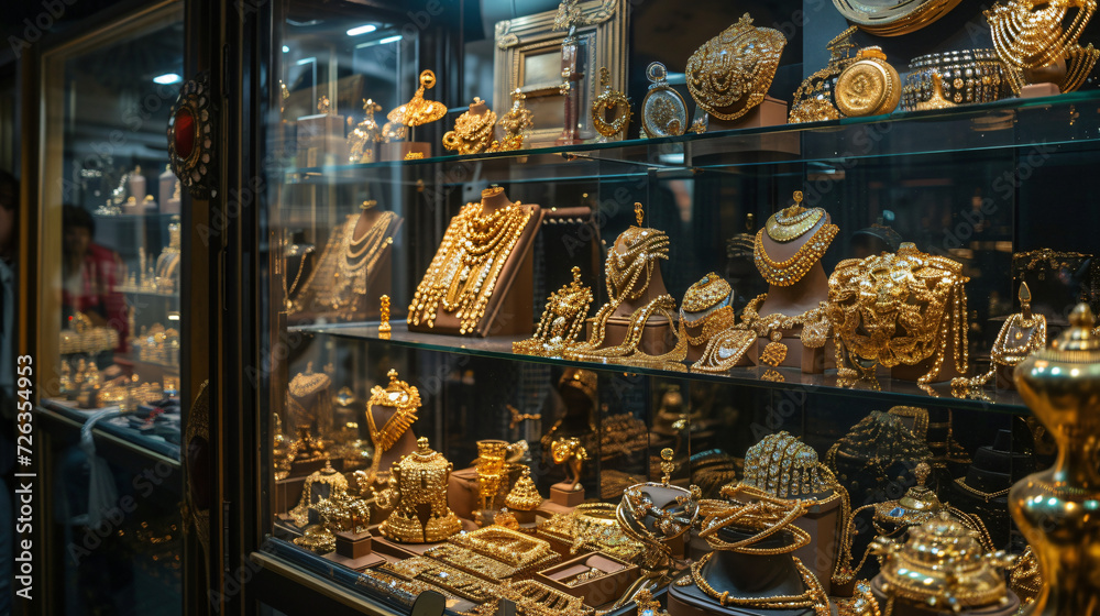 A showcase which is decorated with golden jewellery