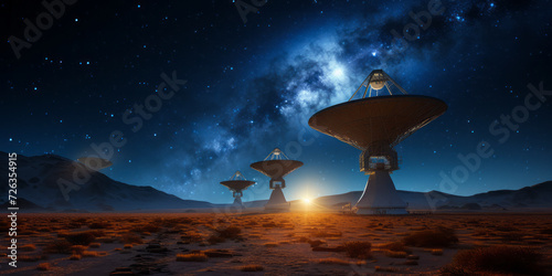 Giant radio telescopes under starry sky searching cosmic signals in desert, symbolizing extraterrestrial exploration and astronomy research