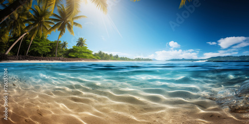 Tropical paradise beach with golden sand, lush palm trees, and clear blue ocean waters under a bright sun with a soft lens flare effect © Bartek