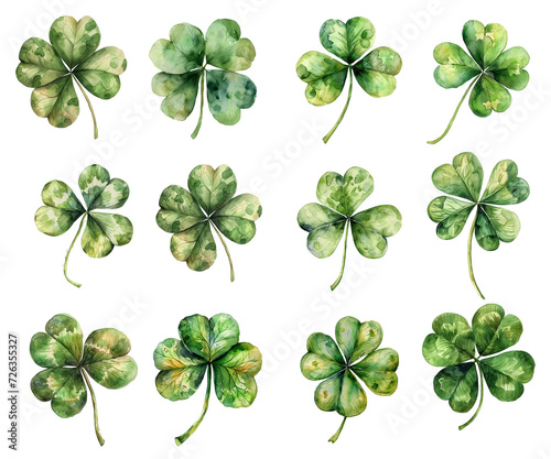 Set of Watercolor Four-leaf And Three-leaf Clover Leaves, Saint Patrick's Day, PNG, Transparent Background photo