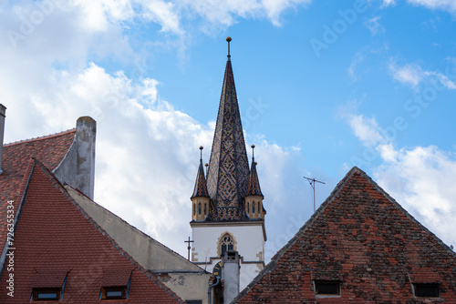 church tower with clock  in sibiu big square