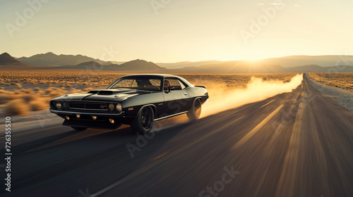 A muscle car roaring down an open desert road at dawn. © Melvin