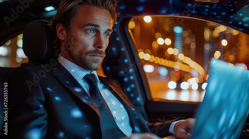 Serious Businessman Working on Laptop in Car at Night.