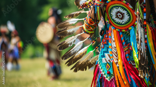 A Native American powwow with traditional regalia and drumming in an outdoor setting.