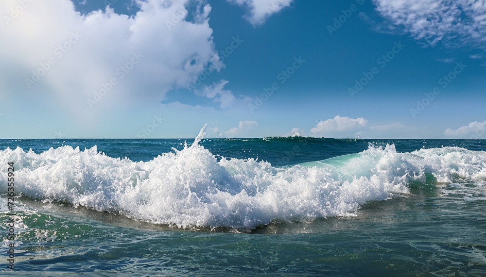 Fototapeta premium Powerful foamy sea waves rolling and splashing over water surface against cloudy blue sky, panoramic image with copy space