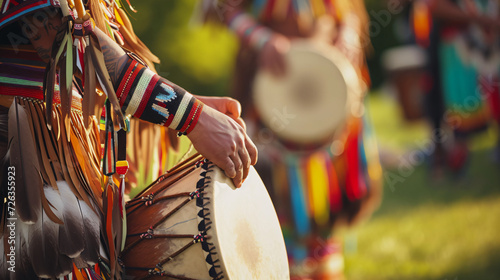 A Native American powwow with traditional regalia and drumming in an outdoor setting. photo