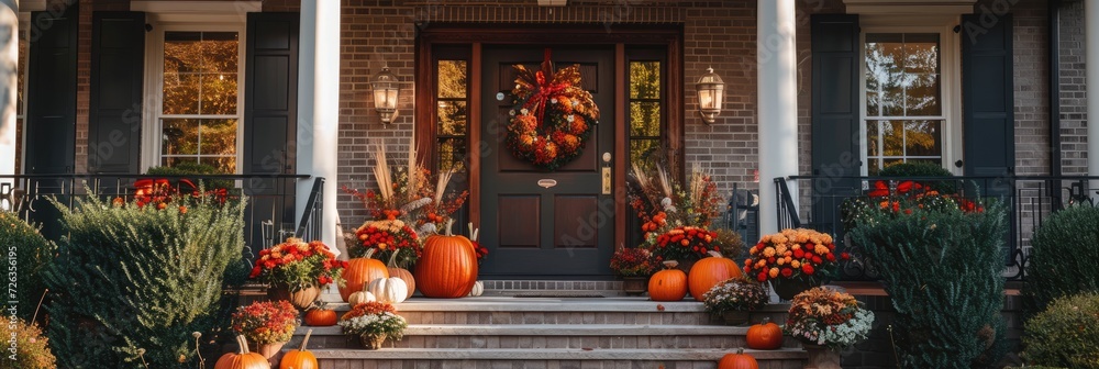 A charming Thanksgiving themed front porch with pumpkins, wreaths, and seasonal flowers