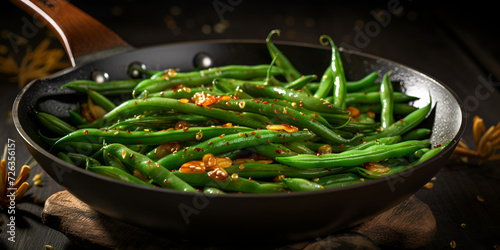 Delicious Green Beans in a cast iron Skillet, White water snowflake stems, stir fried in Taiwanese style.