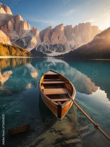 Beautiful view of traditional wooden rowing boat on scenic Lago di Braies in the Dolomites in scenic morning light at sunrise...