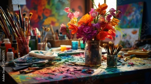 Art Studio Atmosphere. Art Studio Vibrancy with Colorful Flowers and Paintbrushes. art studio captured in the vibrancy of colorful flowers in a vase and array of paintbrushes and paints