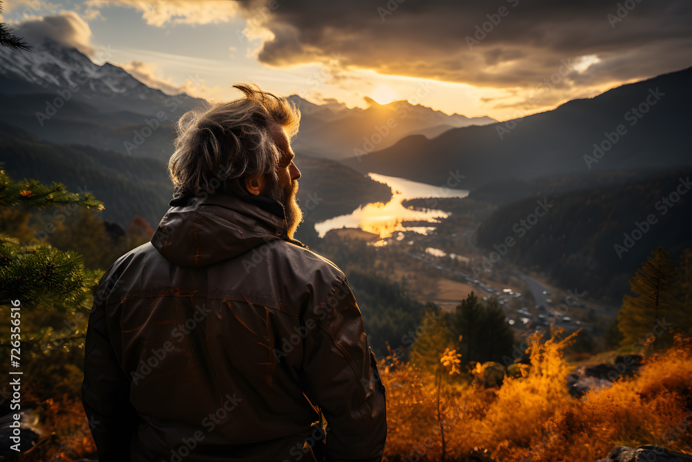 Man taking a look at the mountain top views after hiking. Concept: travel, healthy life, nature, adventure.