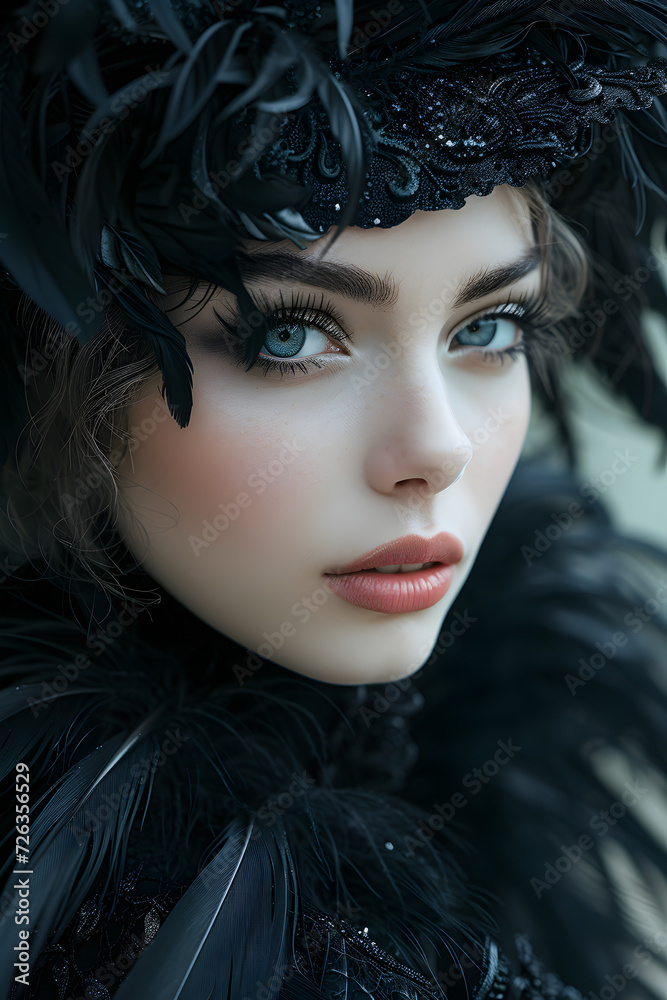 Fototapeta premium Close-up portrait of a beautiful model wearing black make-up and black feathers. Artistic portrait. Mysterious fashion. Vantablack.