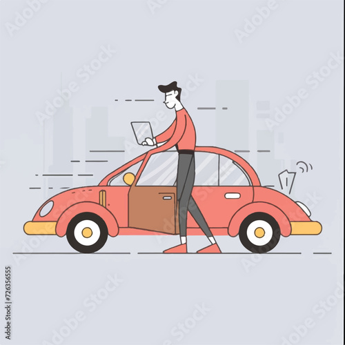 simple tech illustration man and car , laptop