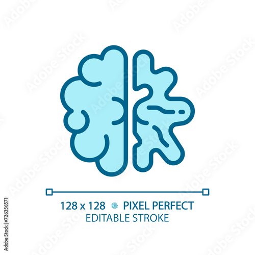 Alzheimer brain light blue icon. Neurological disorder, dementia care. Cognitive development, brain damage. RGB color sign. Simple design. Web symbol. Contour line. Flat illustration. Isolated object