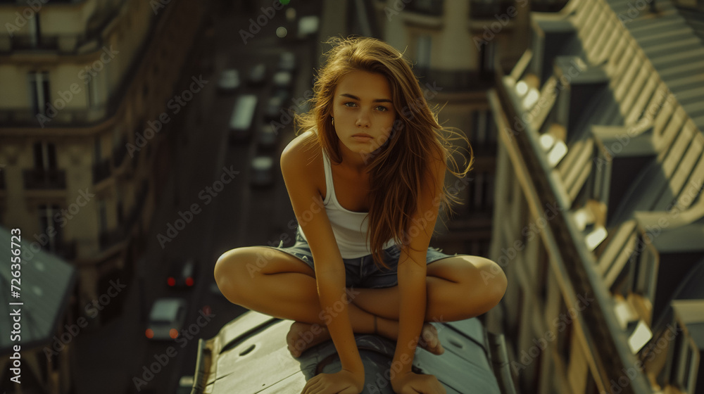 Beautiful girl sitting on the edge of a building Beautiful girl sitting on the edge of a building