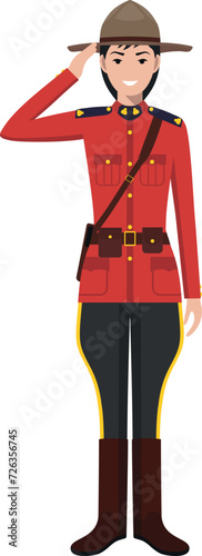 Standing Canadian Policewoman Officer in Traditional Uniform Character Icon in Flat Style. Vector Illustration.