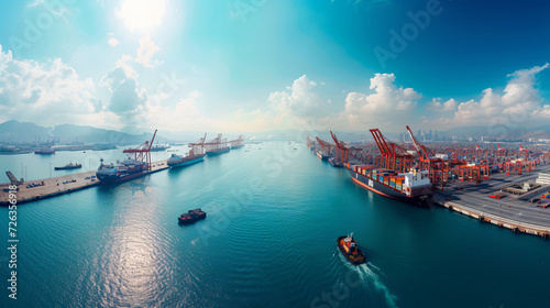 A panoramic view of a large industrial port with cargo ships.