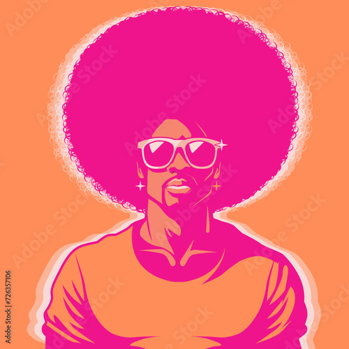Handsome man with afro style curly hair, acid and psychedelic colors. Poster music soul, funk or disco style 60s or 70s