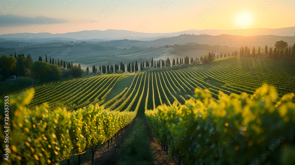A vineyard, with rolling hills of grapevines as the background, during a sun-drenched day in the Chianti region