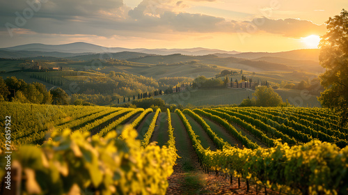 A vineyard, with rolling hills of grapevines as the background, during a sun-drenched day in the Chianti region