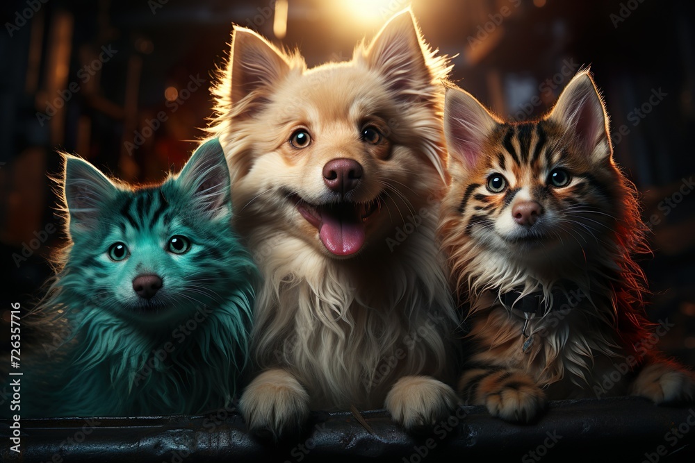 close up of cute cats and dogs looking ahead generative ai