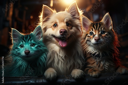 close up of cute cats and dogs looking ahead generative ai