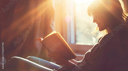 A person reading a book in a sunbeam with a peaceful and contented smile. photo