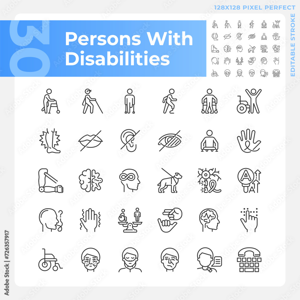 People with disabilities linear icons set. Intellectual disability, neurology illness. Genetic disorder. Customizable thin line symbols. Isolated vector outline illustrations. Editable stroke
