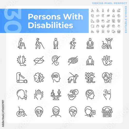 People with disabilities linear icons set. Intellectual disability  neurology illness. Genetic disorder. Customizable thin line symbols. Isolated vector outline illustrations. Editable stroke