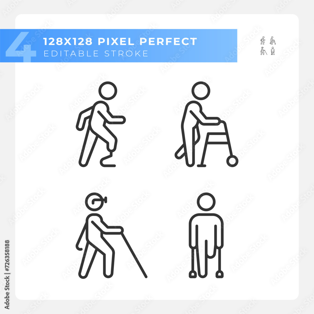 Leg amputation linear icons set. Bionic prosthesis, amputee. Modern biotechnology. Injury recovery. Customizable thin line symbols. Isolated vector outline illustrations. Editable stroke Leg amputation linear icons set. Bionic prosthesis, amputee. Modern biotechnology. Injury recovery. Customizable thin line symbols. Isolated vector outline illustrations. Editable stroke