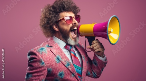Big sale. Emotional portrait of marketing professional with megaphone.