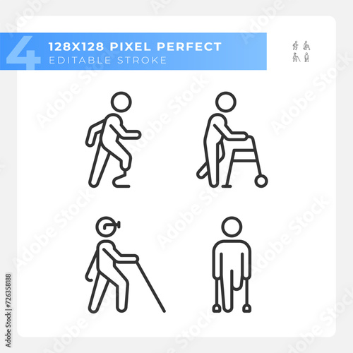 Leg amputation linear icons set. Bionic prosthesis, amputee. Modern biotechnology. Injury recovery. Customizable thin line symbols. Isolated vector outline illustrations. Editable stroke
