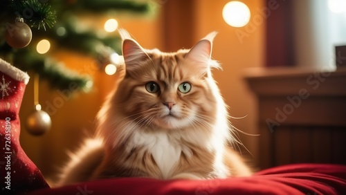 Portrait of a fluffy peach-colored Persian cat sitting on a soft red armchair against a background of a fir branch with toys, a concept of a holiday greeting card, a poster for veterinary medicine
