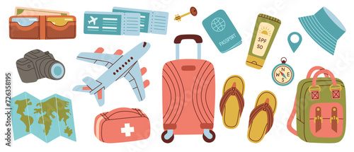 Large vector set of travel accessories. Accessories for seaside vacation, suitcases, luggage, map, airplane, tickets.