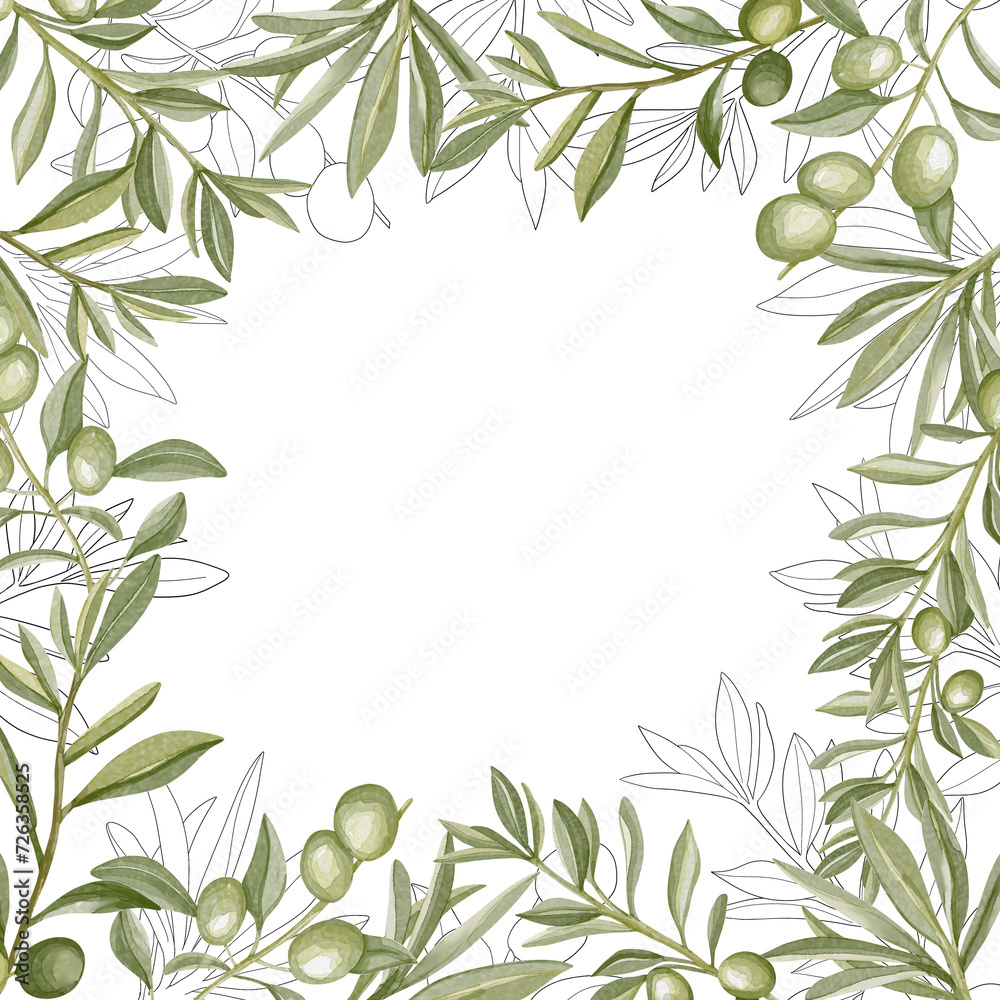 Hand drawn watercolor frame with olive branches and leaves on white background. Perfect for creating cards, print, wedding invitation.