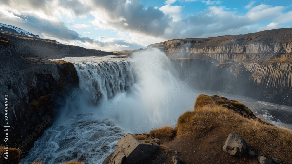 A powerful thunderous waterfall plunging into a deep canyon showcasing natures force.