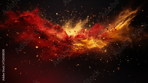 Dynamic explosion of red and gold dust against a dark backdrop. High-Speed Photography: A real-time capture of colored powders photo