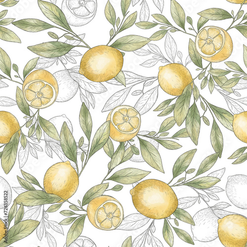 Seamless vector background with watercolor lemons. Juicy lemons seamless pattern. Lemons sketch