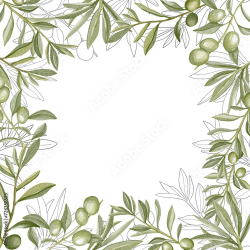Hand drawn watercolor frame with olive branches and leaves on white background. Perfect for creating cards, print, wedding invitation.