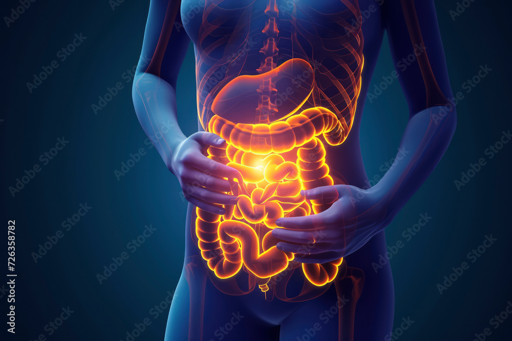 Digestive issues encompass a range of symptoms and conditions that affect the gastrointestinal (GI) tract, which includes the stomach, small intestine, large intestine - obrazy, fototapety, plakaty 
