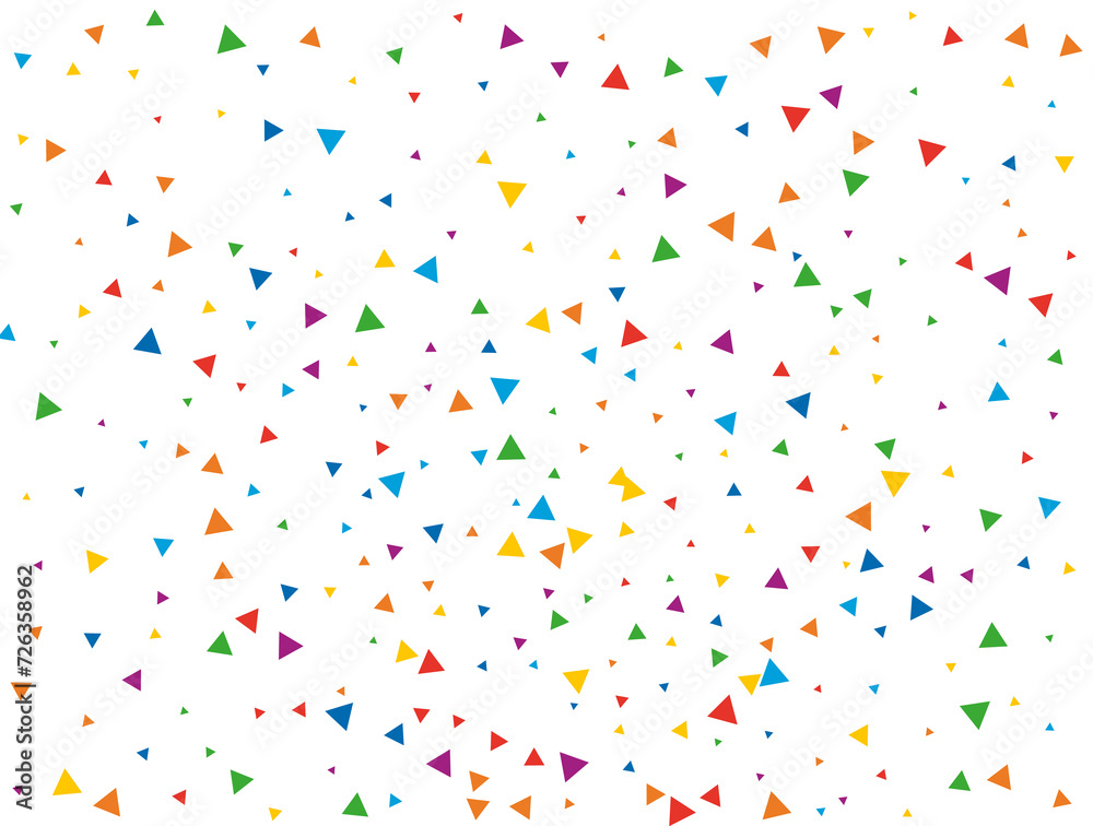 Triangular Confetti. Light Rainbow glitter confetti background. Colored festive texture.