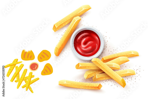 French fries and ketchup tomato sauce in ceramic cup. Roasted potato chips in deep fat fry oil potatoes.