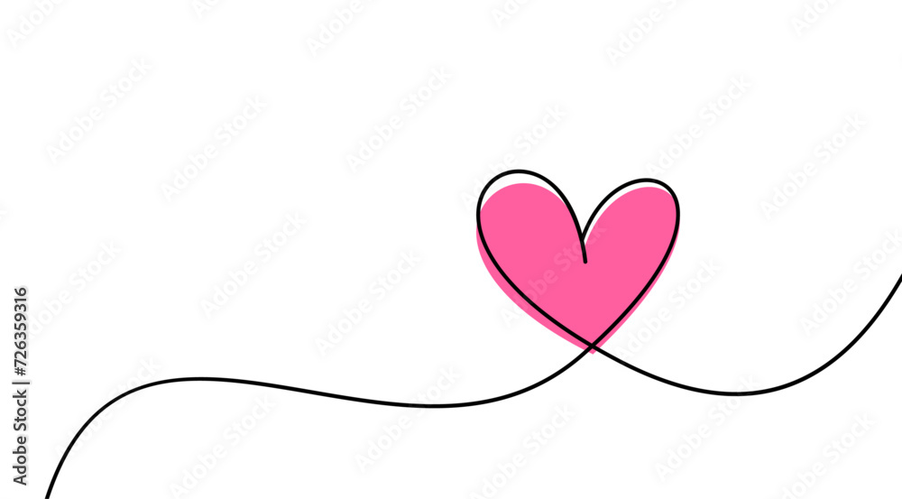 Pink heart continuous wavy line art drawing on white background.