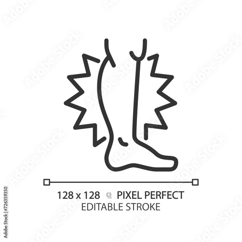 Leg cramps linear icon. Muscle pain, hormone imbalance. Neurological condition, stressed out. Healthcare massage. Thin line illustration. Contour symbol. Vector outline drawing. Editable stroke