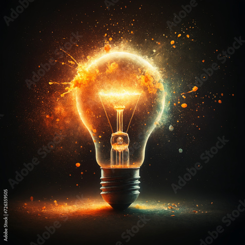 Creative Idea Concept: Vibrant Light Bulb with Cosmic Paint Splashes