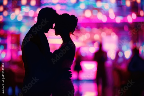 Silhouettes of a dancing wedding couple in a restaurant