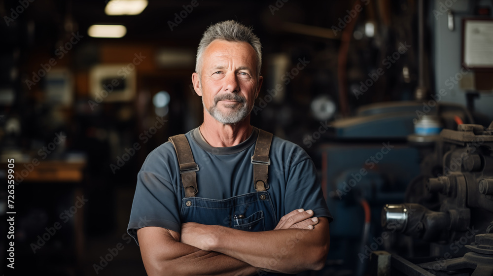the owner of a truck repair shop stands confidently, The background captures the essence of the repair shop environment, with tools and trucks subtly visible,